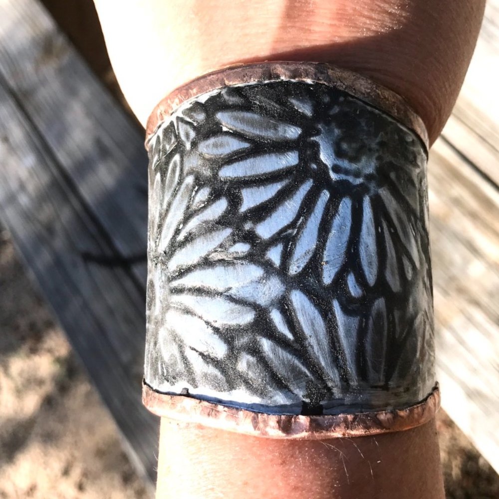 Sunflower Wide Cuff Solid Copper Silver Bracelet Boho Rustic Gladiator Spartan - Picture 2 of 14
